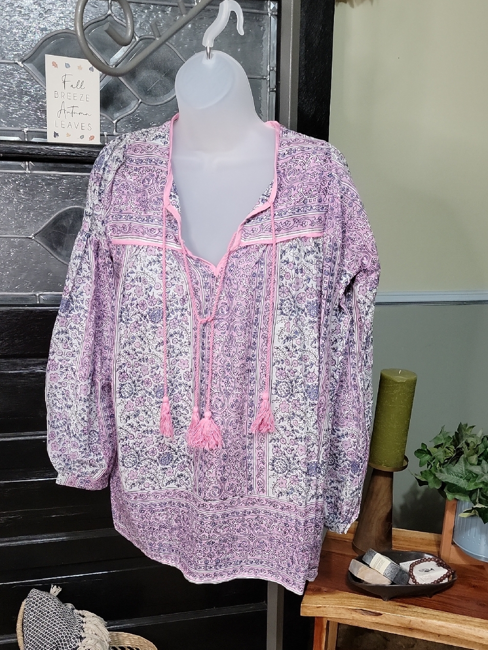 #75 Boheme Lily Vintage Pink Floral Patterned Tunic Tassel Tie Woman Size O/S